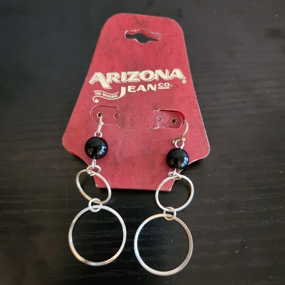 Arizona Jeans Co Silvertone With Black Bead Shepards Hook Dangle Earrings
